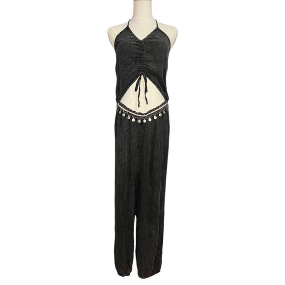 Earthbound Trading Women’s Large Jumpsuit Gray Halter Open Front Cinch Tie Boho - Picture 1 of 9